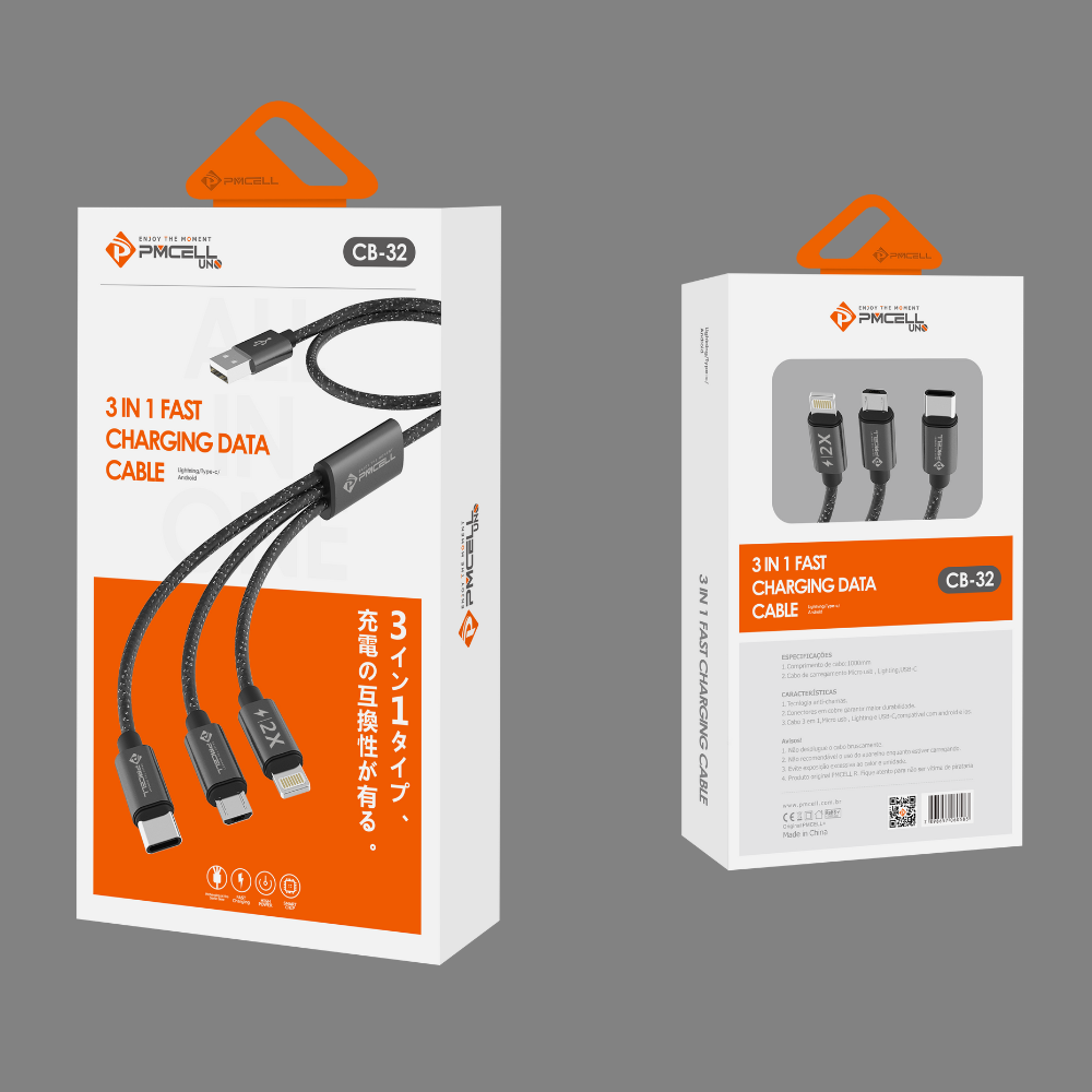 Cabo CB 32 (3 em 1) – Micro USB + Lightning + TYPE C